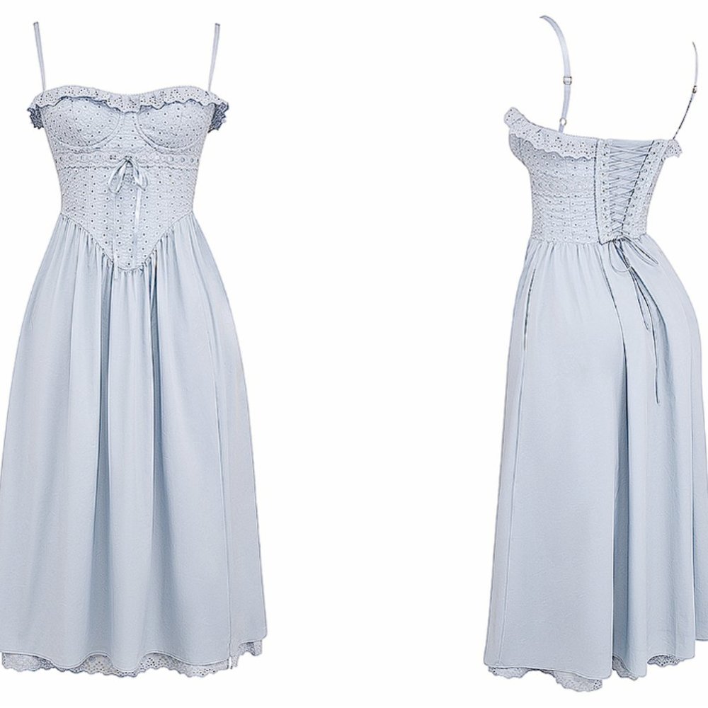 HOUSE OF CB 'Jaime' Soft Blue Broderie Anglais Midi SunDress NWOT - Picture 6 of 12